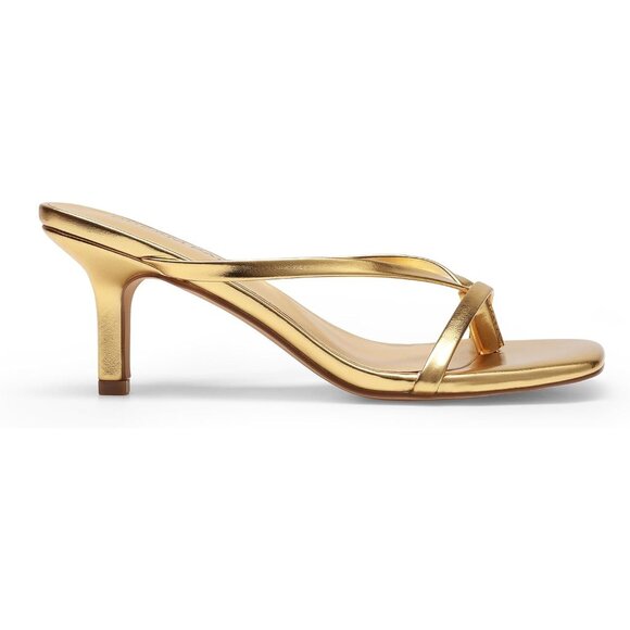 Dream Pairs Women Gold Faux Leather Open Square Toe Thong Heeled Sandals - Picture 2 of 7